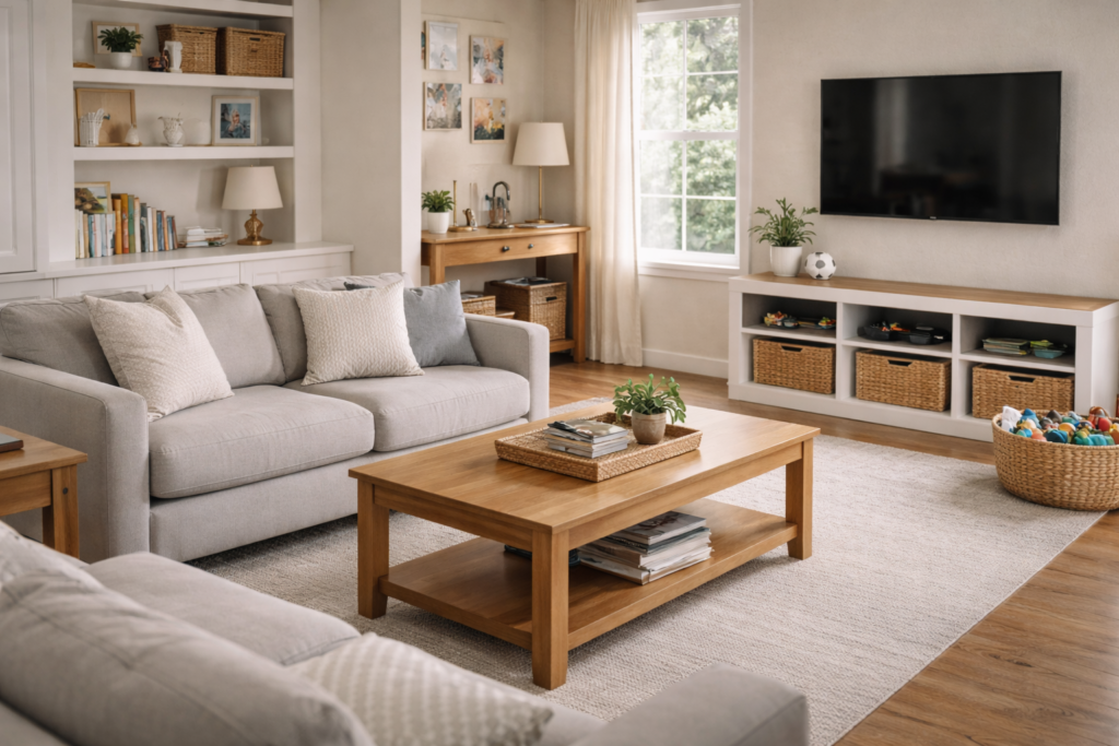 Decluttered Family Living Room With Toy Storage Baskets