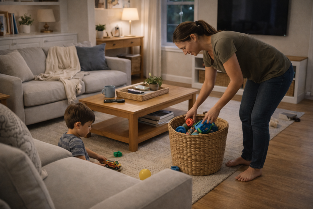 Parent Organizing Toys In Living Room Storage Basket