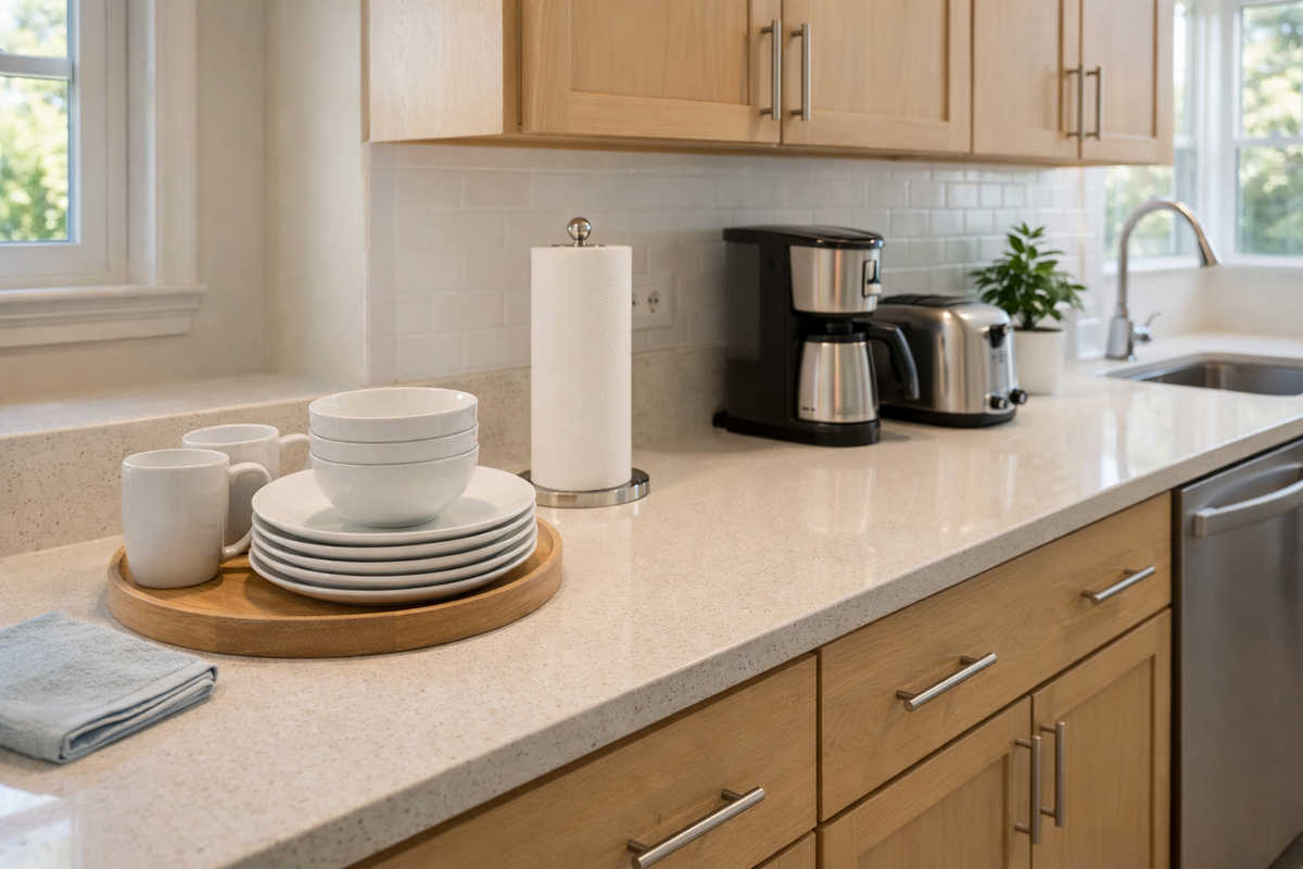 clean Airbnb kitchen countertop with organized dishware and surfaces