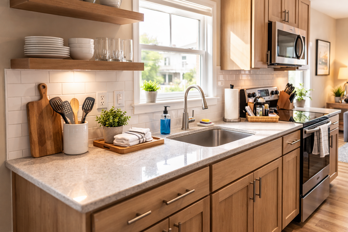 clean airbnb kitchen countertop with organized dishes and spotless surfaces
