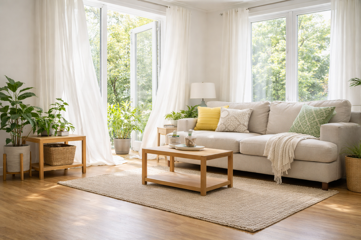 Bright clean home environment representing improved indoor air quality