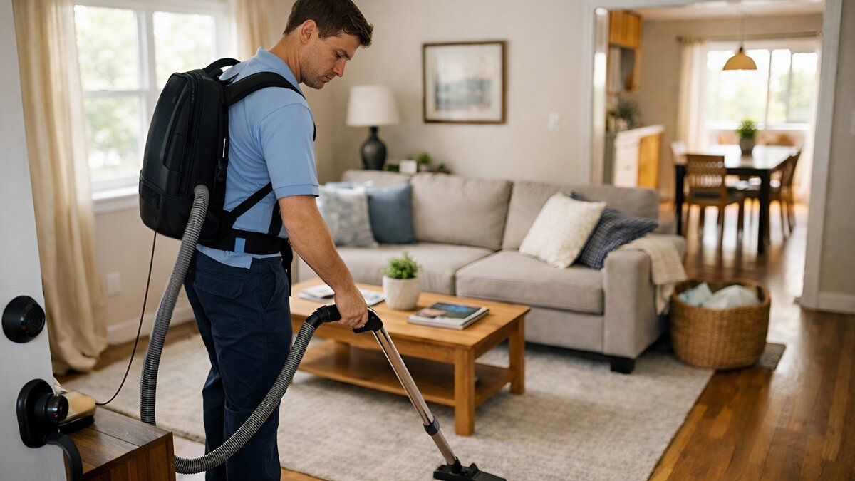 cleaning technician vacuuming living room during airbnb turnover cleaning