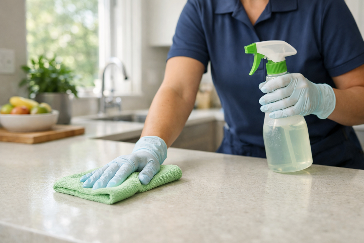 Eco-friendly cleaning being performed in a modern residential kitchen