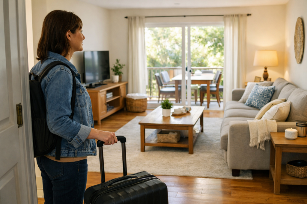Guest Evaluating Airbnb Cleanliness When Entering A Short Term Rental