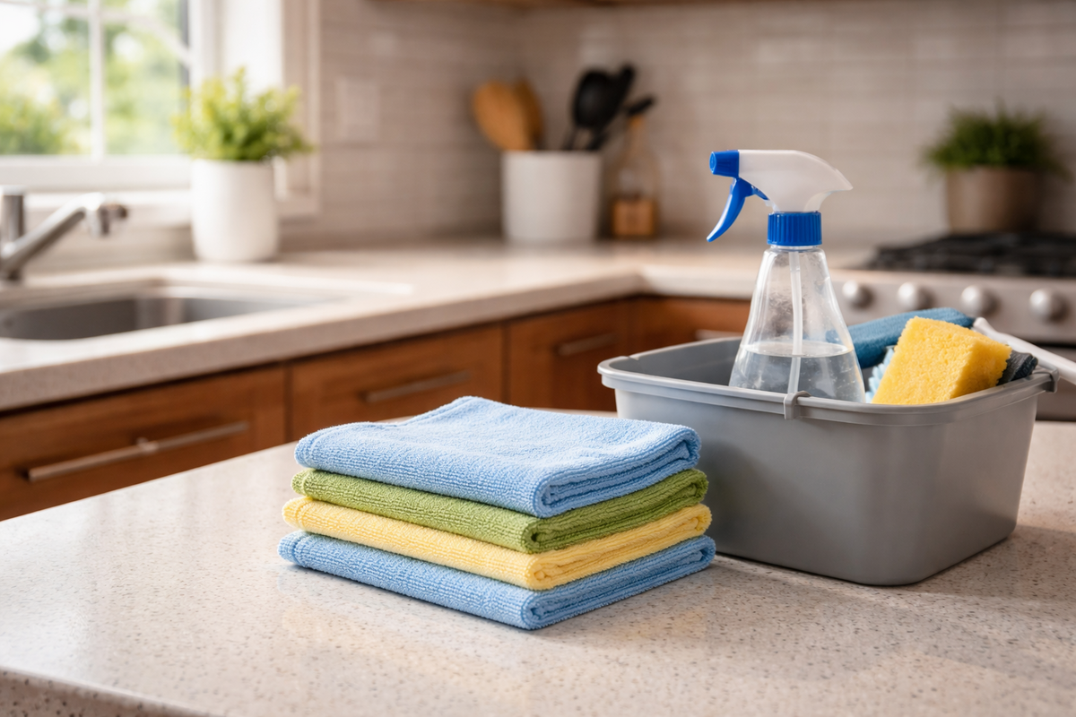 Folded microfiber cleaning cloths with spray bottle used for household surface cleaning