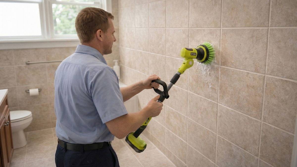 Cordless telescoping power scrubber cleaning bathroom tile surfaces