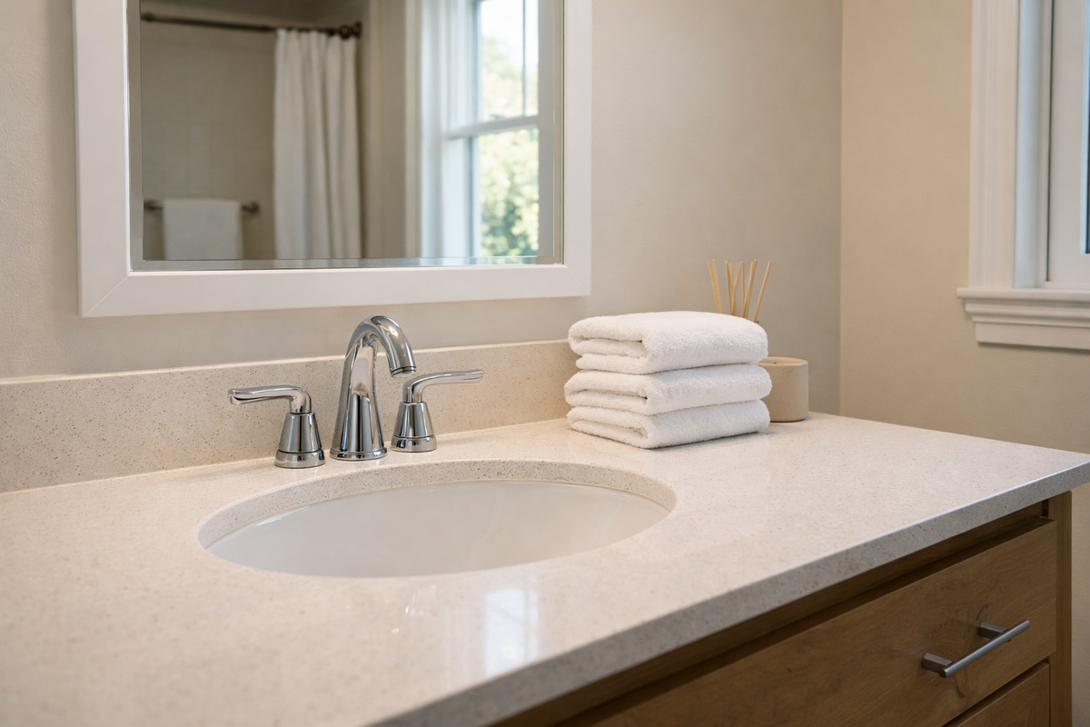 spotless Airbnb bathroom sink with clean mirror and folded towels