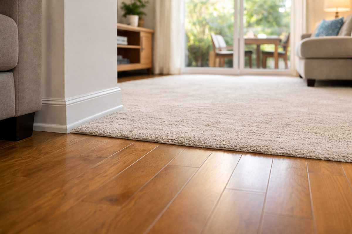 clean Airbnb floor with vacuumed carpet and tidy baseboards